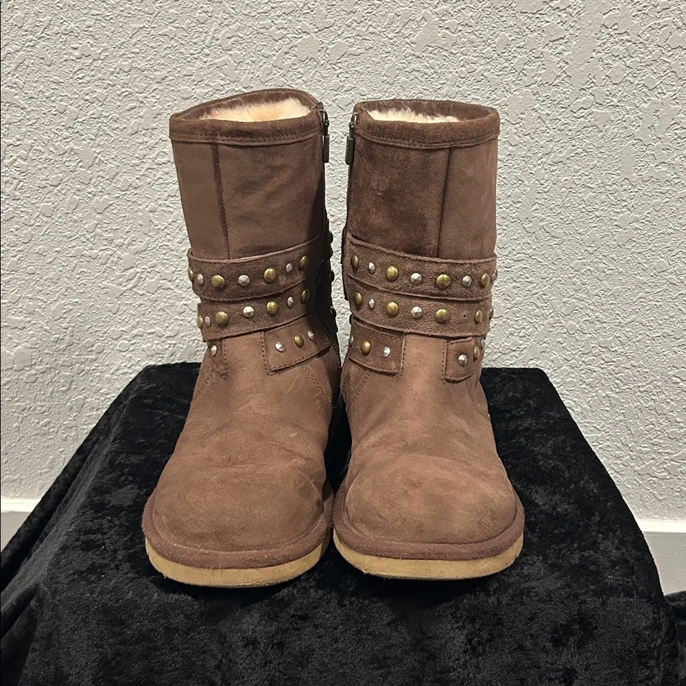 UGG Brown Suede Studded Shearling-Lined Winter Boots - Picture 3 of 7